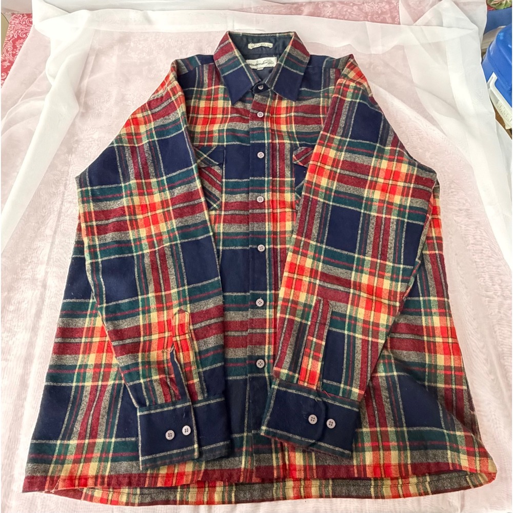Vintage Windbreaker Plaid Flannel Shirt Mens Large Navy Red Acrylic Button Down
